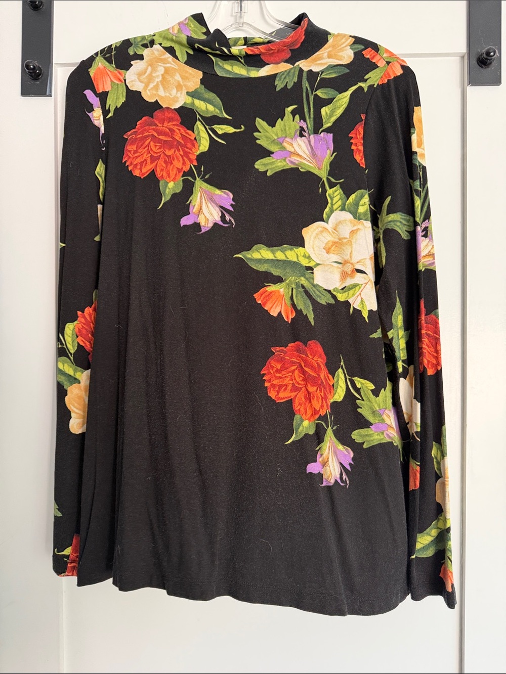 Floral Mock Neck Long-Sleeve Top - Black with Red & Cream Blooms